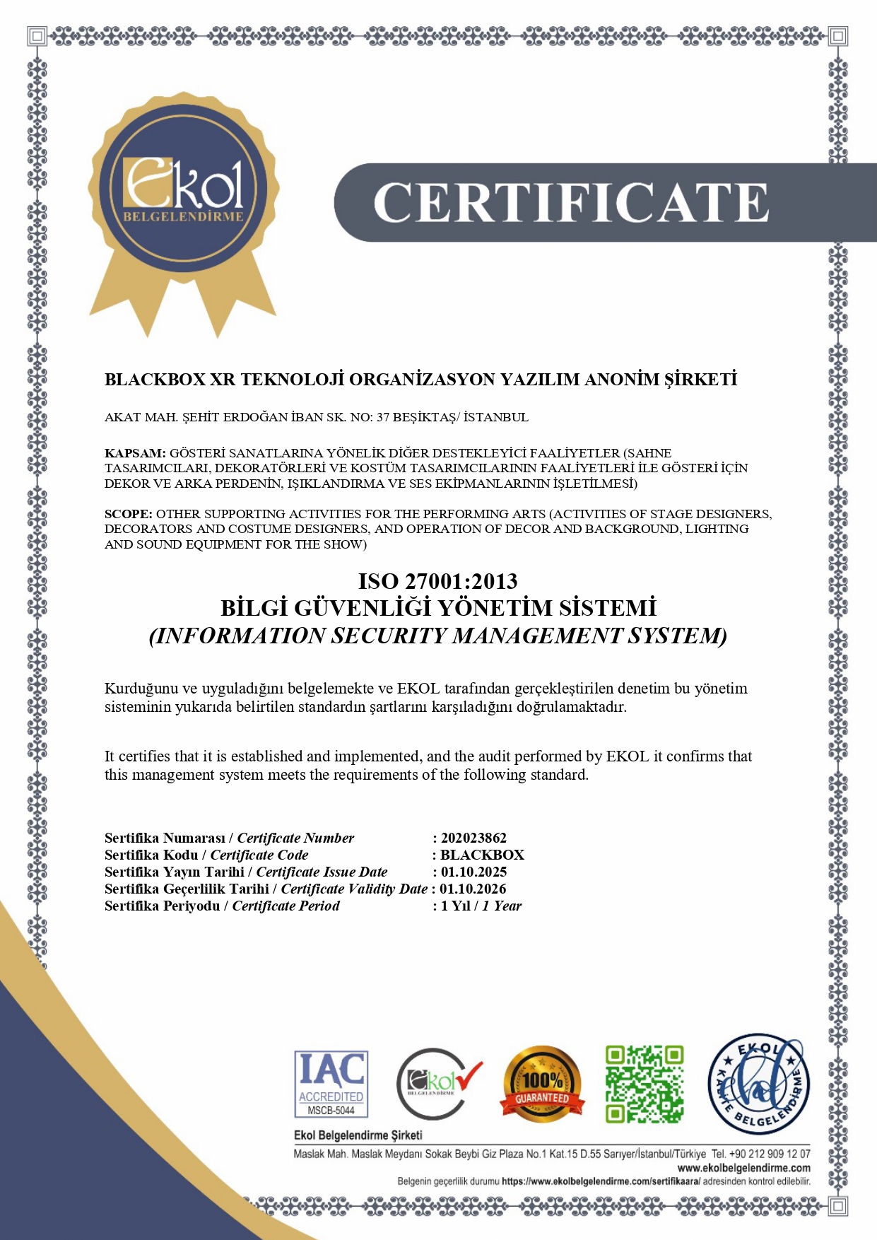 ISO 27001:2013 Bilgi Güvenliği Yönetim Sistemi Sertifikası